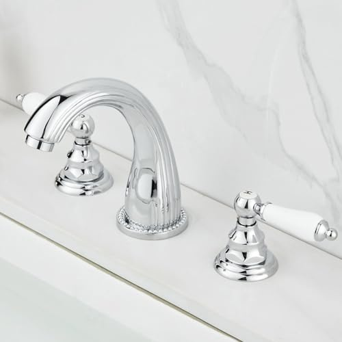 XJTNLB Robinet Salle de Bain Retro Chrome 3 Trous Robinet Salle de Bain Deux Poignées et Trois Trous Lavabo Eau Chaude Eau Froide Laiton