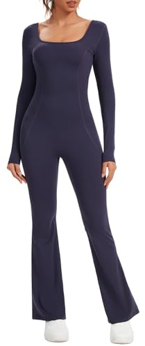 Ecupper Jumpsuits Damen Yoga Bodycon Einteiler Zip Up Overall U-Ausschnitt Rompers Langärmelig Schlaghosen Workout Outfit