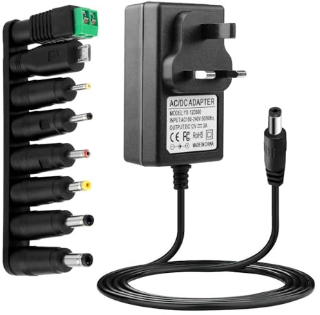 Universal 12V 3A Power Supply Cable AC Adapter with Transformer 8 DC Plug Connectors 100-240V 36W Charger to DC 12Volt 3Amps Power Cord 12V 2.5A 2A 1.5A 1A 800mA 500mA 50-60Hz for Household Electronic