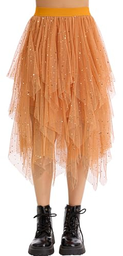 Lovasy Jupe Tulle Femme Paillette Robe Longue Tutu Irrégulier Superposée Jupes Plissée A-Line Elastique Taille Jupe Tutu Midi Noir Rose pour Carnaval Halloween Daily Prom Party Thé