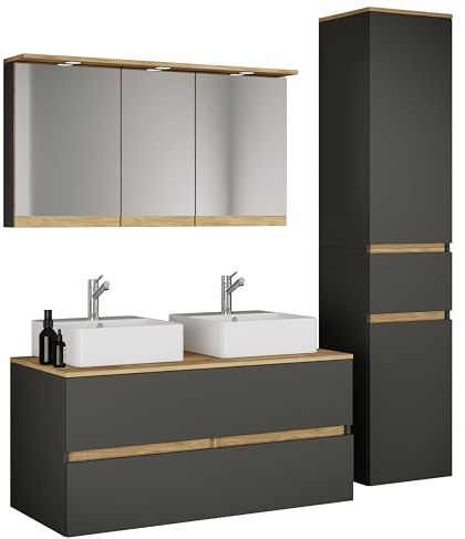 VCM 5-TLG. Doppelwaschtisch Cosila mit 2 Keramikbecken – Badschrank H. 51 x B. 111 x T. 51 cm mit 2 Softclose-Schubladen, Spiegelschrank mit Beleuchtung & Steckdose und Hochschrank Cosila-A