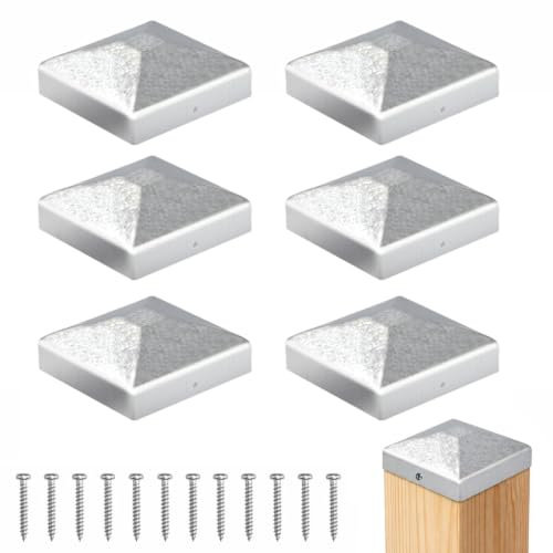 Six capuchons de poteau, capuchons de poteau de clôture de 7x7 cm | capuchons de poteau en métal galvanisé de forme pyramidale avec vis, adaptés aux poteaux en bois et aux poteaux de terrasse.