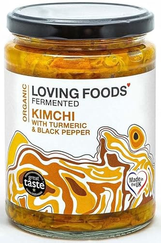 Loving Foods *Organic & Made in the UK* Turmeric & Black Pepper Kimchi (475g) Raw, Unpasteurised & Bursting with Beneficial Live Bacteria (1 x Jar)