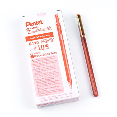 Pentel K110-DFX Dual Metallic Hybrid Dual Metallic Gelroller, Glitzer Gel, 12er Pack, orange/gelb 2 verschiedene Farb-Effekte auf hellem/dunklem Papier orange+metallic gelb