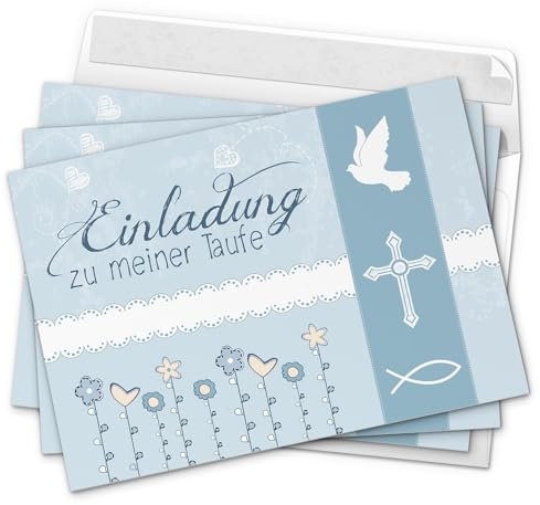 10 x Einladung zur Taufe/Einladungskarten mit Umschlag im Set/Motiv: Einladung zu meiner Taufe Vintage Blau/Baby Taufkarte/Grußkarte/Postkarte /