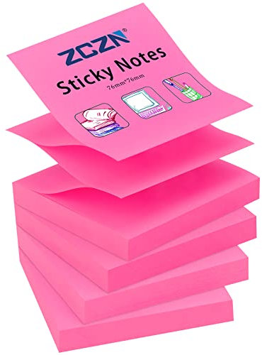 ZCZN Pop-up Sticky Notes 76 x 76 mm, 4 Pads Bright Colour Self-Stick Notes, 100 Sheets/Pad, Rose Red