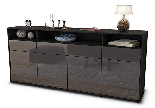 Stil.Zeit Sideboard Ezia, Korpus anthrazit matt, Front Hochglanz Graphit (180x79x35cm) Push-to-Open Technik & Leichtlaufschienen