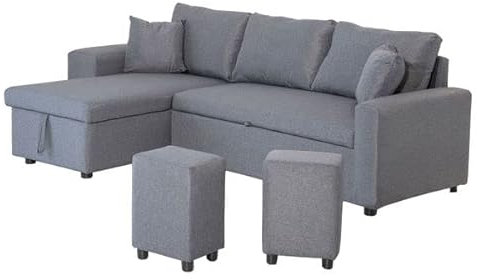 Happy Garden Canapé d'angle Convertible Tony 3 Places en Tissu Gris chiné. Canapé avec méridienne réversible, Coffre de Rangement et poufs.