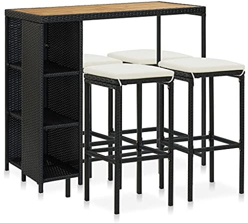 vidaXL Gartenbar Set 5-TLG. mit Kissen Theke Bar Tresen Gartentheke Bartisch Stehtisch Barstuhl Barhocker Gartenmöbel Poly Rattan Schwarz