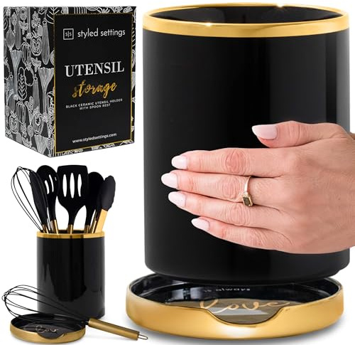 Styled Settings Black and Gold Utensil Holder with Built-in Spoon Rest | 2-Piece Black and Gold Spatula Holder, Kitchen Accessory, Utensils Not Included