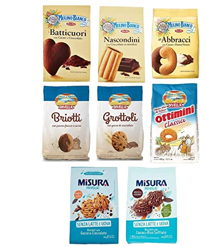 Testpaket Italienische Kekse Mulino Bianco 1x Nascondini + 1x Batticuori + 1x Abbracci + Divella 1x Briotti + 1x Grottoli + 1x Ottimini Classici + Misura 1x Gocce di Cioccolato + 1x Riso Soffiato