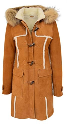 House of Leather Damen Echt Schaffell Mantel 3/4 Länge Duffle Mit Kapuze Parka Beth