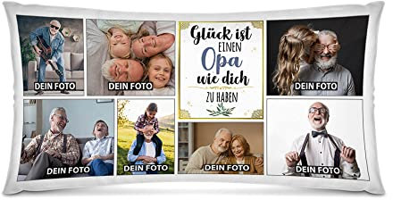 PR Print Royal Kissen selbst gestalten XXL - mit 7 Fotos Bedrucken - Glück ist einen Opa wie Dich zu haben - Geschenk Geburtstag Weihnachten - Fotokissen in XXL inkl. Füllung, 80x40 cm
