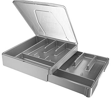 KURBERSON Organizador de cubiertos de doble capa con tapa, soporte para utensilios con tapa, organizador de almacenamiento de cubiertos, color gris