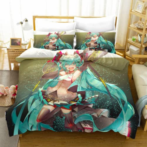 YuZong Hatsune Miku Bettwäsche aus weichem Polyester dreiteilig Anime-Bettbezug Kissenbezug Anime-Figuren Cartoon-Kinder Kinder Teenager Erwachsene