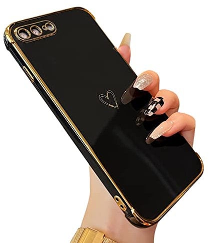 ZTOFERA Compatible with iPhone 7 Plus/iPhone 8 Plus Case for Girls Women, Flexible Silicone Protective Phone Case with Cute Love Heart Pattern Golden Edging Shockproof Bumper Cover, Black