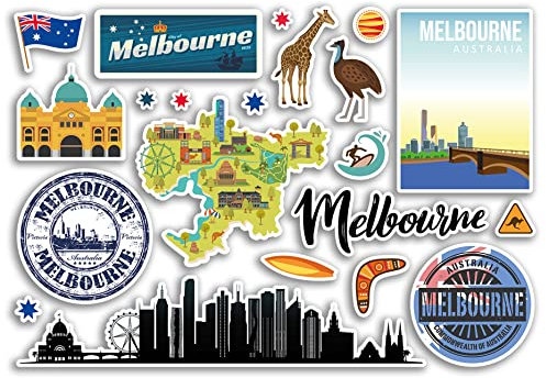 A5 Aufkleberbogen Melbourne Sehenswürdigkeiten Vinyl Aufkleber – Australien Flughafen Briefmarken Skyline Flagge Karte Reise Urlaub Scrapbooking Stadt Gepäck #79139