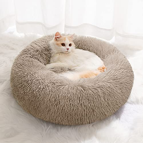 YOJOGEE Petit lit pour chat d'intérieur, lit auto-chauffant en forme de beignet pour petits chats qui gardent au chaud, lit lavable avec base antidérapante, kaki, 40 cm