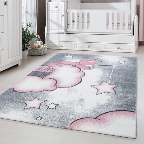 Carpetsale24 Runder Kinderteppich Bärenmotiv Ø160 cm – Großer Spielteppich für Mädchen – Hautsympathisch & Kindlich