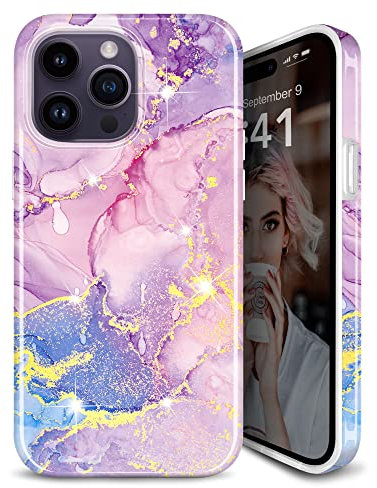 JIAXIUFEN Designed for iPhone 12 Pro Case iPhone 12 Case Gold Sparkle Glitter Marble Slim Shockproof Protective TPU Soft Rubber Silicone Cover Phone Case 6.1 inch Purple Pink