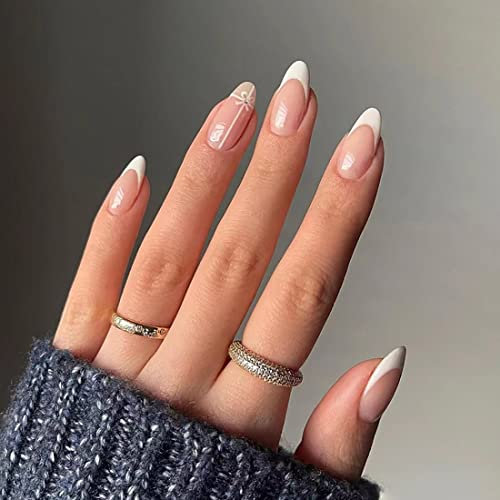 JUSTUSNX 24pcs Almond French Fake Nails Nude False Nails Silver Glitter Golden Heart Press on Nails for Women and Girls (B)
