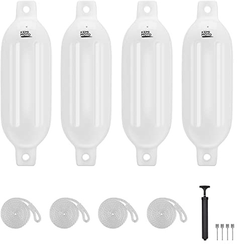 KEMIMOTO Boat Fenders Boat Bumpers for 15-35ft Boat, 4 Pack Inflatable Boat Fenders Bumpers with 4 Ropes, Boat Bumpers for Docking, White