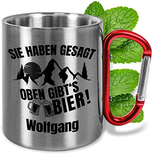 Edelstahltasse mit Karabiner personalisiert „Oben gibt’s Bier!“ – ca. 330ml - Metall-Becher mit Namen – lustiges Geschenk für Wanderer Bergsteiger Outdoor Camping Damen Herren (Oben-Bier, Griff Rot)