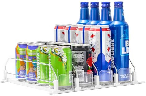 Rula Drink Organizer for Fridge, Self-Pushing Soda Can Dispenser for Mini Refrigerator, Width Adjustable Water Bottle Pusher Glide, White, 4 Rows,12.2” D