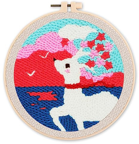 Figured'Art Punch Needle Set für Erwachsene - Stickerei, ideal für Anfänger - Weißes Reh und Sakura - 20x20cm mit rundem Rahmen