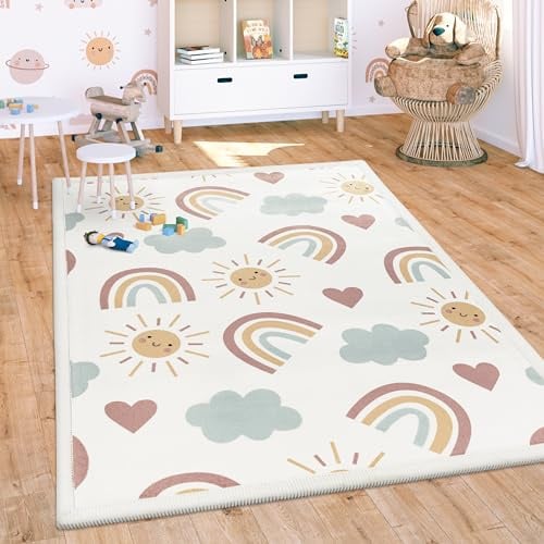Paco Home Teppich Kinderzimmer Baby Krabbeldecke Krabbelmatte Waschbar rutschfest Regenbogen Planet Sonne Tiere Weich, Grösse:140x200 cm, Farbe:Bunt 2