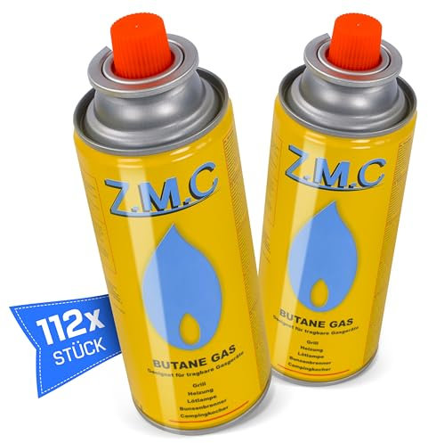 ZMC 112X Stück Butan Gaskartusche 227g mit Ventil Typ MSF-1a, Universal Gaskartuschen Butan Gas Kartuschen mit Bajonett Anschluss für Campingkocher, Gasheizung, Gasbrenner, Unkrautbrenner, Lötbrenner
