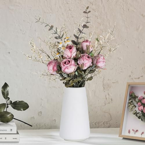 BLOSMON Künstliche Blumen Keramik Vase: Rosa Rose Künstliche Blume Rosen Blumenstrauß im Weiß Topf für Geschenk Zuhause Deko Bürodeko Wohnzimmer Tischdeko Hochzeit Dekoration