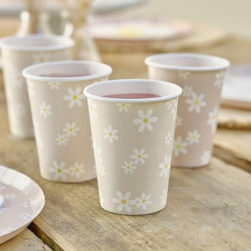 Ginger Ray Lot de 8 gobelets en papier imprimés fleurs de marguerite, vaisselle de fête, Pastel