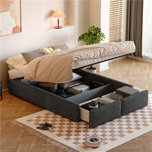 Tcewhhy Polsterbett 140x200cm Ohne Kopfteil Doppelbett Mit Hydraulischer Lagerung Und 2 Schubladen Stauraumbett Bettkasten Jugendbett Für Erwachsene Jugendliche Gästebett Grau