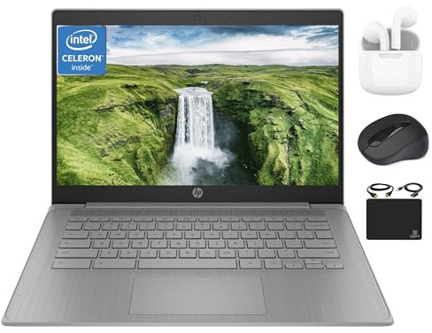 HP Chromebook Thin Laptop Student Business 2024, 14 HD Display, Quad-Core Intel Celeron N4120 Processor, 4GB RAM, 64GB eMMC, HD Webcam, WiFi, Long Battery, Chrome OS +HubxcelAccessory Gray