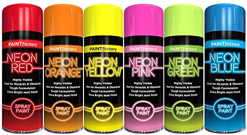 AlezyB - 6 Mix Cans Fluorescent Neon Spray Paint Multipurpose Aerosol DIY Graffiti (Banksey) N0 CFCs Extra Bright Assorted Colours Paint Blue Green Orange Pink Yellow Red 200ml - A4