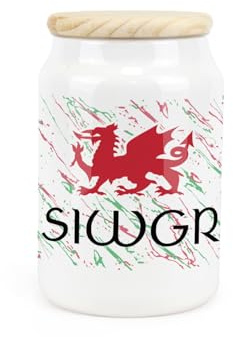 Purely Home Welsh Dragon Ceramic Sugar Storage Canister - Siwgr Wales Souvenir Themed Kitchen Food Storage Container & Wooden Lid 600ml (14.5cm x 9.5cm)