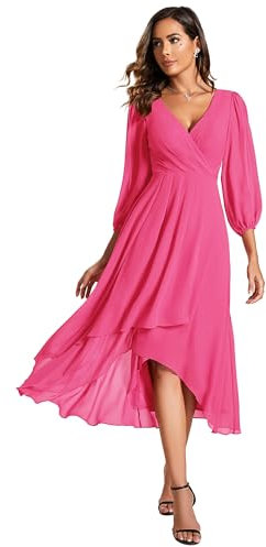 Ever-Pretty Robe de Soirée Femme A Line High Low Col V Manches Longues pour Mariage Chic Rose Rouge 44