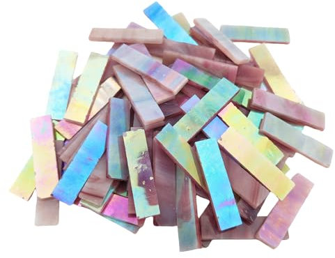 4 x 1 CM Rectangular Iridescent Stained Glass Strip, 7oz Glass Mosaic Tiles for DIY Crafts,Plates,Picture Frames,Flower Pots,Handmade Jewelry and More Mosaic Decorative (Iridescent Purple)