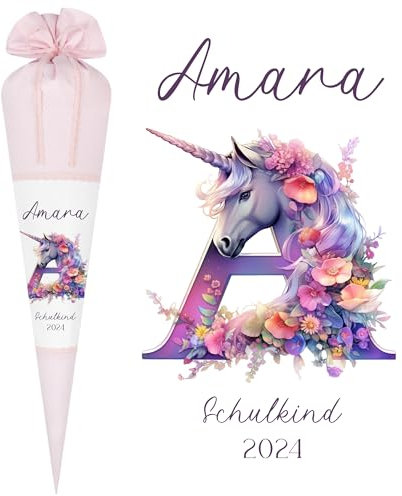 Manufaktur Liebevoll Schultüte Mädchen Einhorn Einschulungstüte Mädchen Name personalisierte Monogramm Buchstaben Stoff Schultüte Pferd Zuckertüte Pony Schulkind 2025 I (Einhorn Buchstaben)