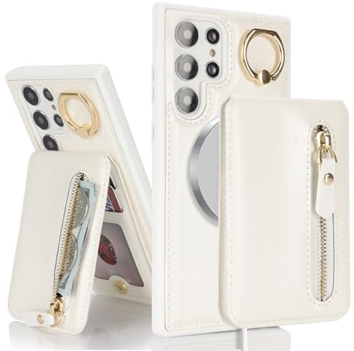 SailorTech Samsung Galaxy S23 Ultra Phone Case with Card Holder, Samsung Galaxy S23 Ultra Case Ring Stand with Kickstand Card Slots Wallet Detachable 2-in-1 Zipper Case - White
