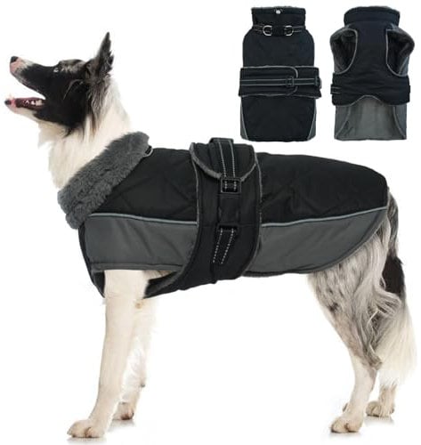 Katzinst Hunde Wintermantel XXL mit Sicherheitsschnalle, Warmer Hundemantel Wasserbeständig für Große Hunde Dobermann, Labrador,Outdoor-Camping, Wanderbedarf, Schwarz, 2XL