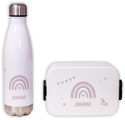 hellomini Mepal Lunch Set | Personalisiert | Mepal Brotdose Kinder & Trinkflasche 500ml | Personalisierte Brotdose & Trinkflasche Edelstahl | Geschenk zur Einschulung (Regenbogen rosa, Box pink)