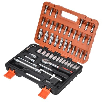53 Piece 1/4 Socket Set, Drill Driver Bits Metric Tool Set, CRV Impact Socket Set S2 Tool Kit 72 Teeth Quick Release Ratchet Wrench Set with Flexible Extension Rods Tools for Car, Bike, DIY Repair
