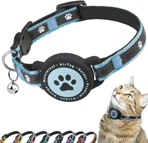 Airtag Katzenhalsband Breakaway, Reflektierendes Kätzchenhalsband mit Airtag-Halterung und Glocke, Bequeme Polsterung, Verstellbar, Langlebig, Passend für Katzen (Blau, XS)