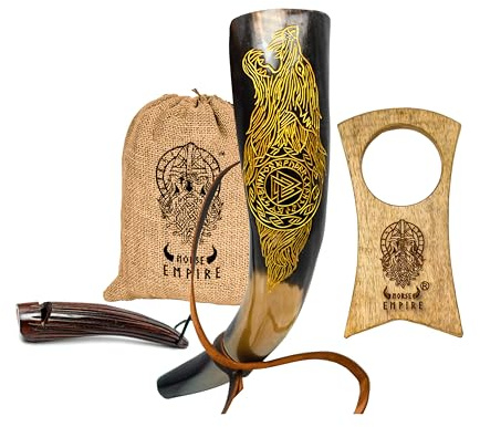 NORSE EMPIRE Wikinger Blashorn mit Holzständer und Hornpfeife