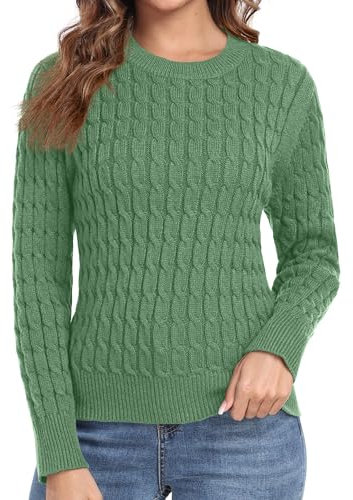 QIXING Women's Cable Knit Jumper Cosy Long Sleeve Round Neck Pullover Casual Sweater Tops for Ladies UK(Light Green, L)