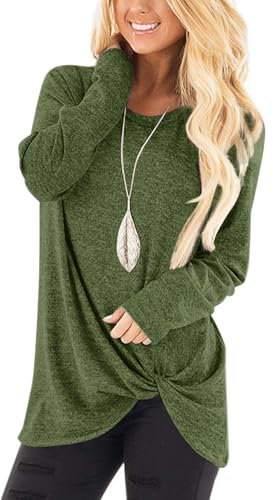 Xpenyo Women's Irregular Round Neck Long Sleeve Loose Fit T-Shirts with Crossed Front Design Floral Blouse Tops Olive XXL