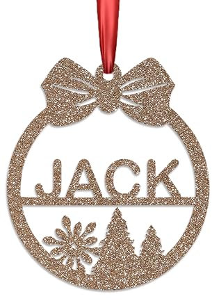 KreateSquare Personalised Christmas Bauble, 950 GSM (1.7 mm) Double-Sided Glitter Xmas Tree Decoration, Custom Name Baubles, Red Christmas Decorations Ornaments (Champagne, Bow & Snowflakes)