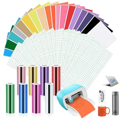 34 Bögen 14 x 30,5cm Smart Vinyl Permanent für Cricut Joy mit 8 Plotter Transferfolie Set, Glitzer Chromglanz Vinyl Plotter Folie Plotterfolie Selbstklebend für DIY Handyhülle Laptops Tassen Autos